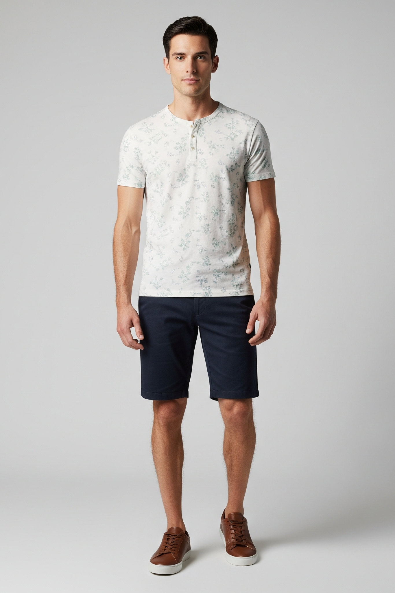 Camiseta Henley Masculina Estampa Floral Sutil em Tons de Lavanda e Verde-água - Image 2